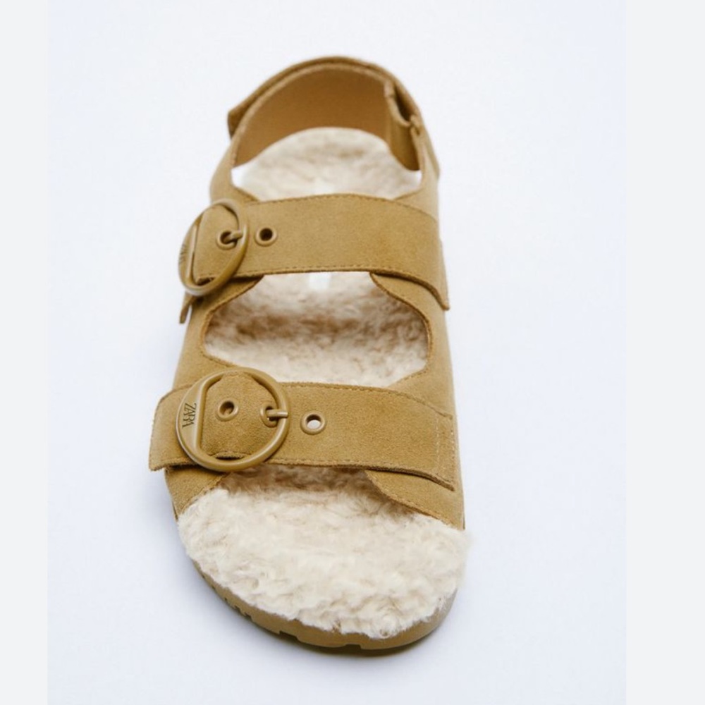 ZARA flat real leather‎ faux straps sandals fur warm and cozy sleepers size 6/7